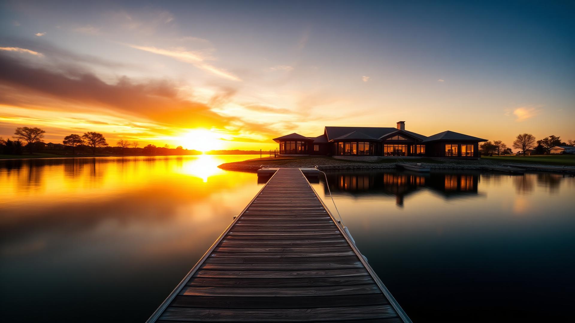 Luxury lakefront estate on Grand Lake, Oklahoma with a pristine wooden dock at sunset